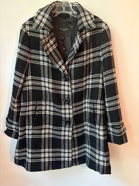 Talbots Black & White Plaid Wool Blend Big Button Preppy Academia Pea Coat sz 12